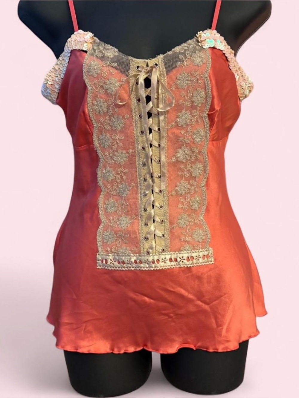 Pink 100% Silk Lace-Up Y2K Fairy tank with Ivory Lace